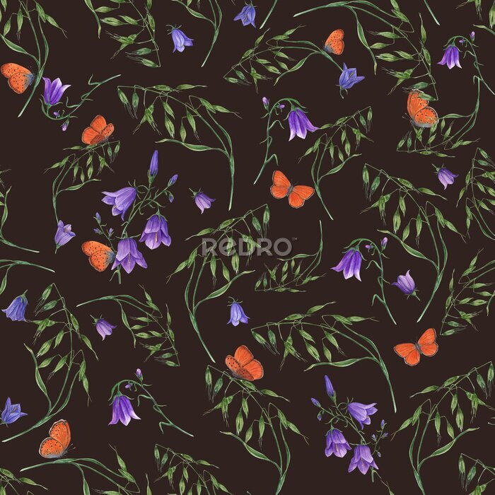 Poster Nachtvlinders tussen paarse bloemen