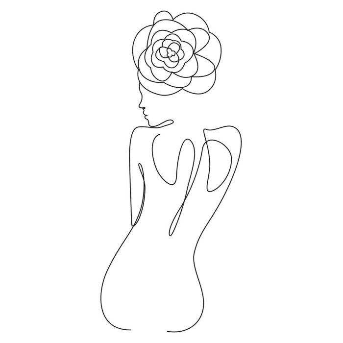 Poster Naked woman with a flower on her head one line drawing on white isolated background. Vector illustration