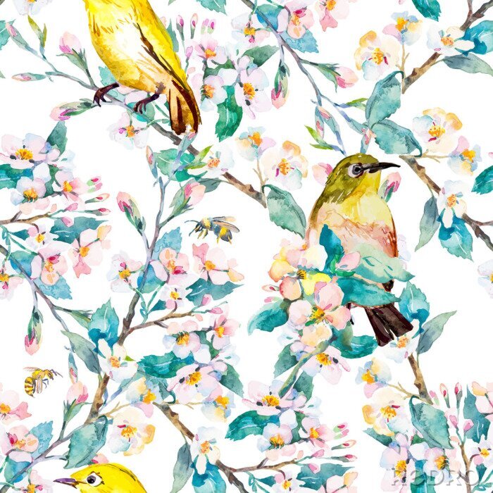 Poster Natuurthema in het voorjaar met bloemen en vogels op takjes