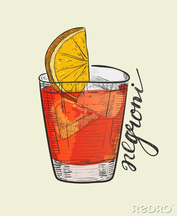 Poster Negroni alcoholic cocktail. Hand drawn vector illustration in sketch style. Fashionable drink with orange and ice cubes
