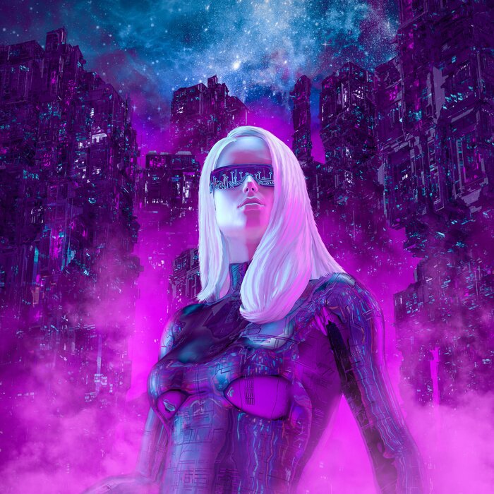 Poster Neon night heroine / 3D illustration of beautiful blond woman with sunglasses in futuristic neon lit cyberpunk city