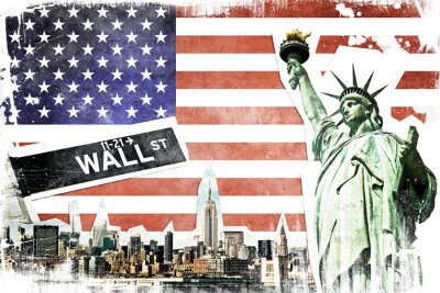 New York City vintage collage, de Amerikaanse vlag achtergrond