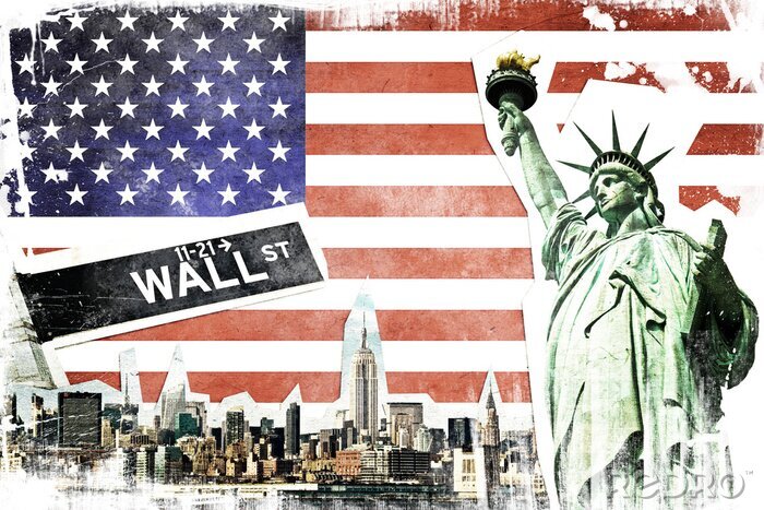 Poster New York City vintage collage, de Amerikaanse vlag achtergrond