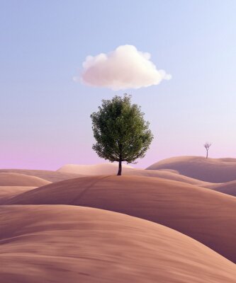 Poster Nice minimalism Art poster. Pastel colors. Lonely green tree in desert. Concept of loneliness. Abstract design 3d illustration.