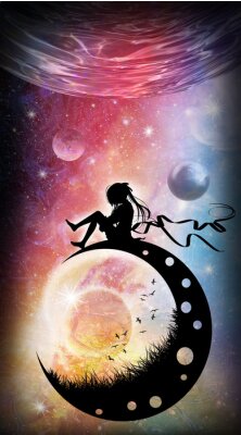 Nieuwe wereld nieuw leven eenzaam anime meisje in de ruimte silhouet art fotomanipulatie