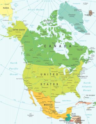 Poster Noord-Amerika kaart - zeer gedetailleerde vector illustratie.