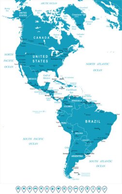 Noord- en Zuid-Amerika kaart - zeer gedetailleerde vector illustratie. Afbeelding bevat land contouren, land en land namen, stad, namen water object, navigatie iconen.