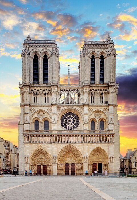 Poster Notre-Dame op een zonnige avond