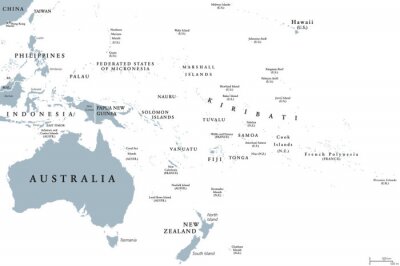 Poster Oceanië politieke kaart met landen. Engelse etikettering. Regio, bestaande uit Australië en de Stille Oceaan met de regio's Melanesië, Micronesië en Polynesië. Grijze afbeelding over wit. Vector.