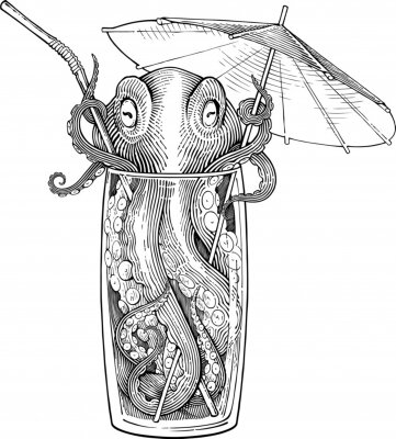 Poster Octopus in een drankje met een paraplu