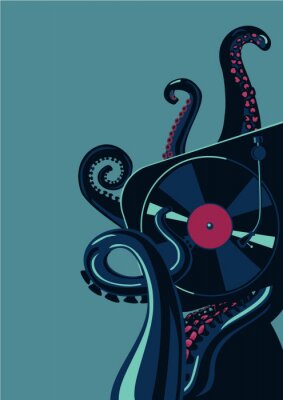 Poster Octopus tentakels met vinyl record draaitafel. Party poster sjabloon.