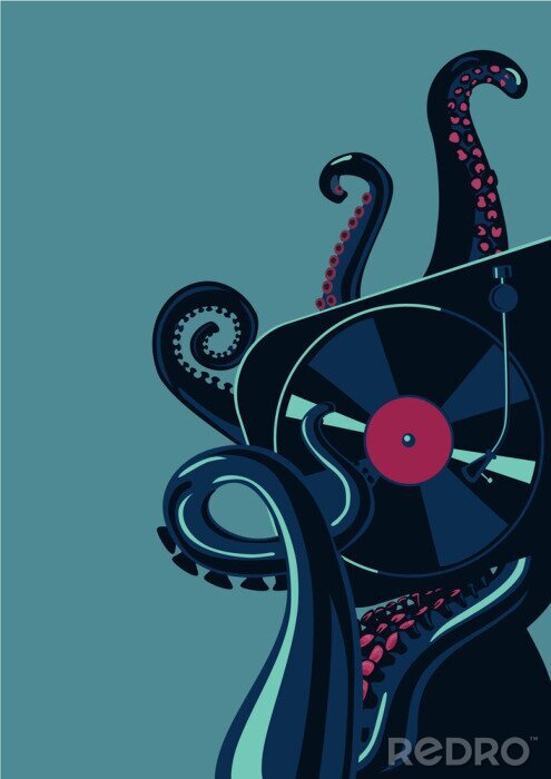 Poster Octopus tentakels met vinyl record draaitafel. Party poster sjabloon.