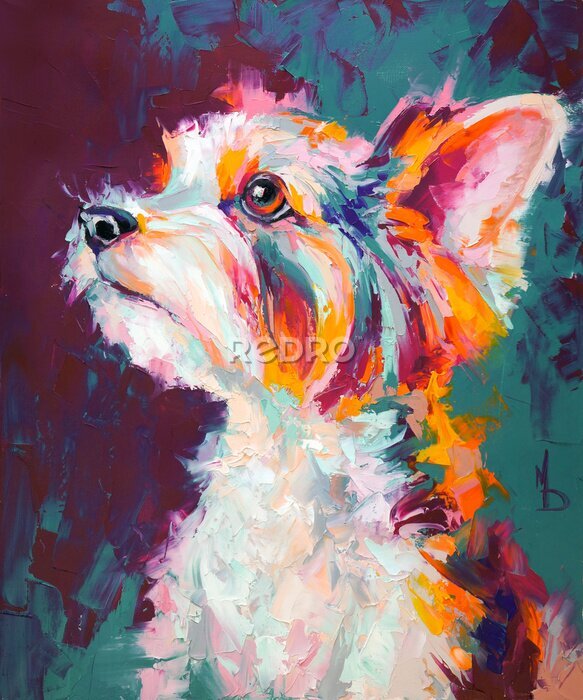 Poster Oil dog portrait painting in multicolored tones. Conceptual abstract painting of a biewer terrier muzzle. Closeup of a painting by oil and palette knife on canvas.