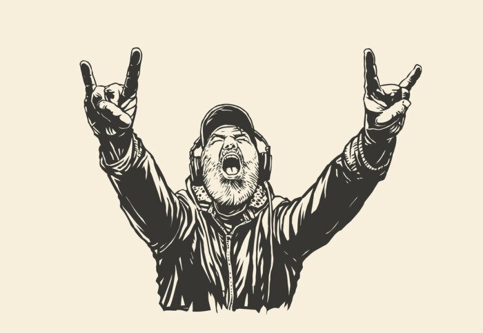 Poster Old bearded  Rocker Shows Sign Of The Horns Symbol.  An elderly man in headphones listens to rock and shows a characteristic heavy metal hand gesture. Vector Illustration.