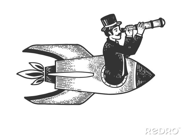 Poster Old fashioned gentleman flies in rocket and looks through telescope sketch engraving vector illustration. Scratch board style imitation. Black and white hand drawn image.
