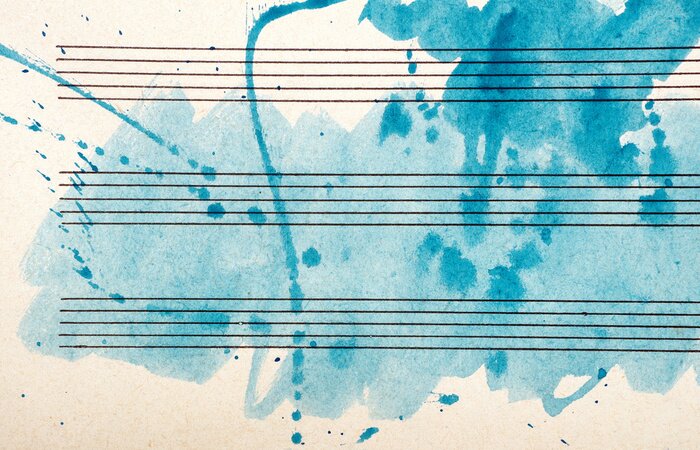 Poster Old music sheet in blue watercolor paint. Blues music concept. Abstract blue watercolor background. 
