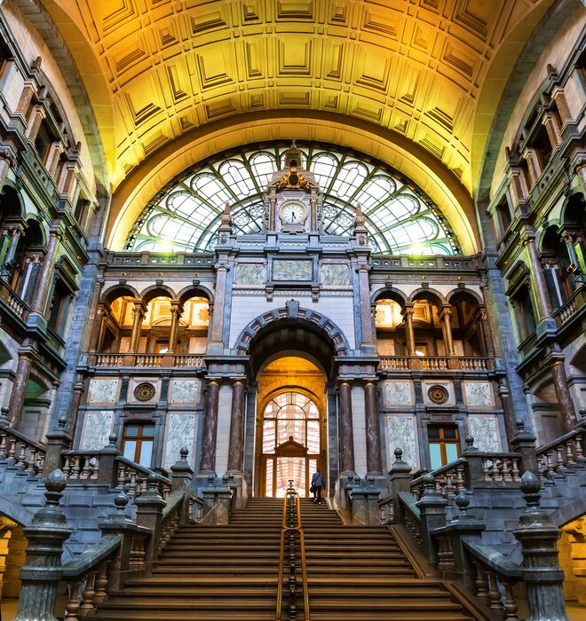 Poster Old railway station building interior in Europe