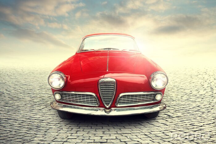 Poster Old red city car fast in the street