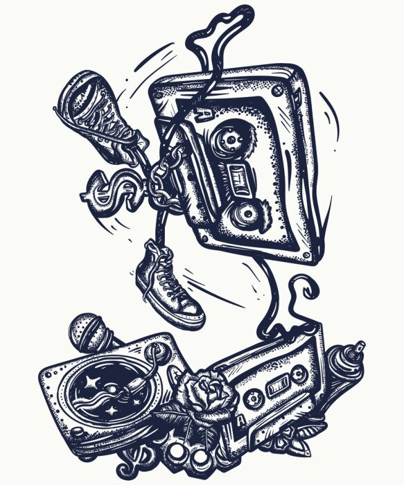 Poster Old school music. Audio cassette dances break dance. Funny art. Musical street culture. Cool hip hop break dancer. Tattoo and t-shirt design. Vinyl, microphone, rap battle