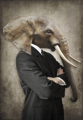Olifant in een pak. Man met het hoofd van een olifant. Concept grafisch in vintage stijl.