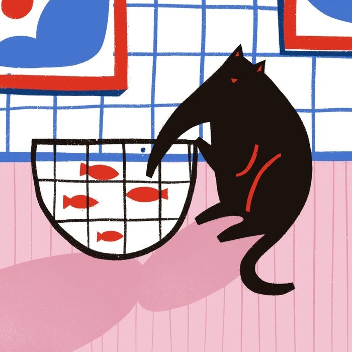 Poster Ondeugende kat en vis