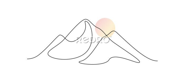 Poster One continuous line drawing of mountain range landscape with color sun. Abstract hills and horizon in scandinavian simple linear style. Modern panoramic sketch. Doodle vector illustration