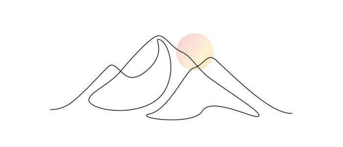 Poster One continuous line drawing of mountain range landscape with color sun. Abstract hills and horizon in scandinavian simple linear style. Modern panoramic sketch. Doodle vector illustration