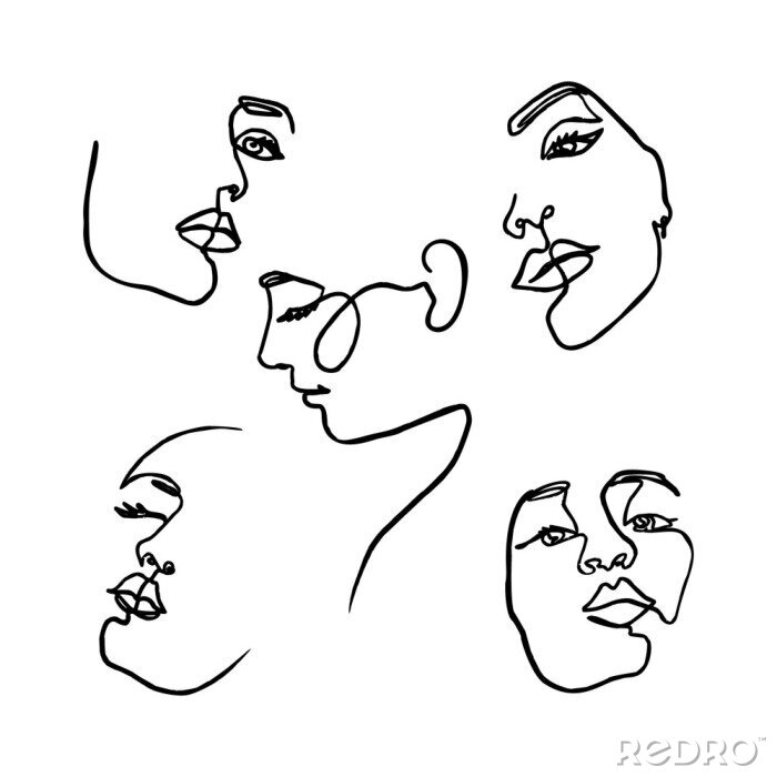 Poster One Line drawing of set Woman's Face. Continuous line Portrait of a girl In a Minimalist Style. Vector Illustration.