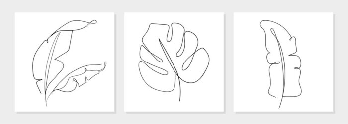 Poster One line drawing vector monstera leaf and banana tree leaves. Modern single line art, aesthetic contour. Perfect for home decor such as posters, wall art, tote bag, t-shirt print, sticker, mobile case
