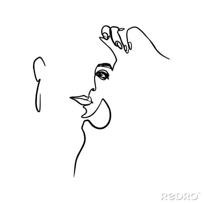 Poster One Line Woman's Face and Hand. Continuous line Portrait of a girl In a Modern Minimalist Style. Vector Illustration young female. For printing on t-shirt, Web Design, beauty Salons, Posters