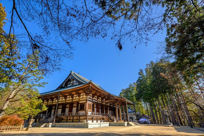 Poster One of the buildings of the Danjo Garan Temple Complex at Mount Koya in Koyasan, Wakayama, Japan.
