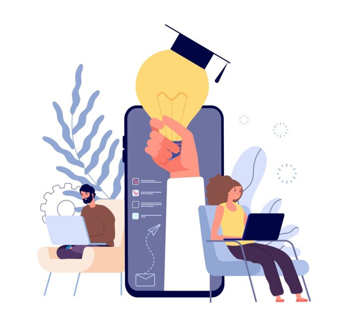 Poster Online education. Distance learning students, e learning concept. People studying with laptops and tablets vector illustration. Education student online, distance university e-learning