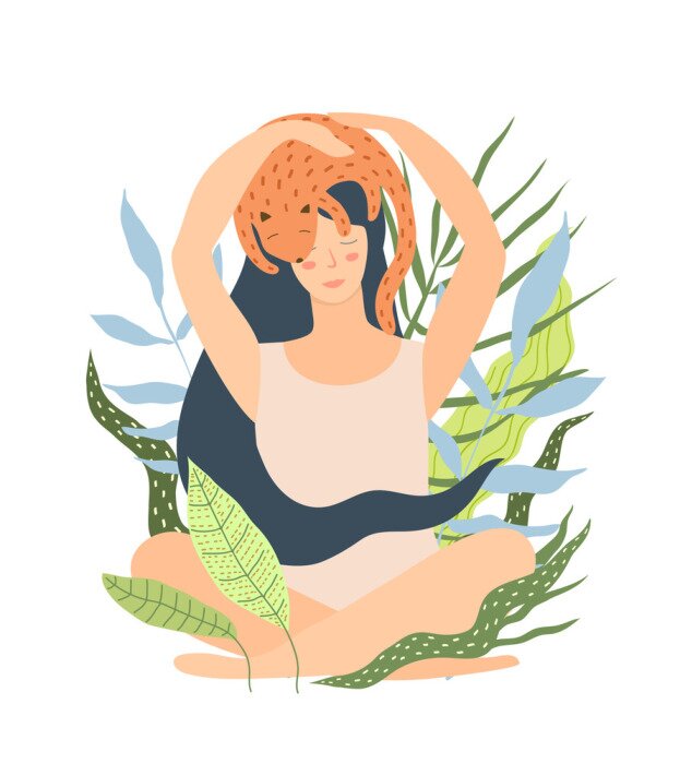 Poster Ontspannen vrouw met een kat op haar hoofd