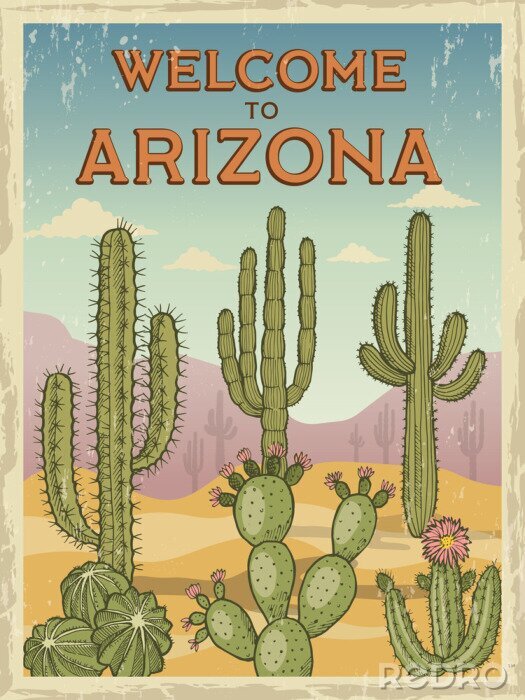 Poster Ontwerpsjabloon van retro poster Welkom in Arizona. Illustraties van wilde cactussen
