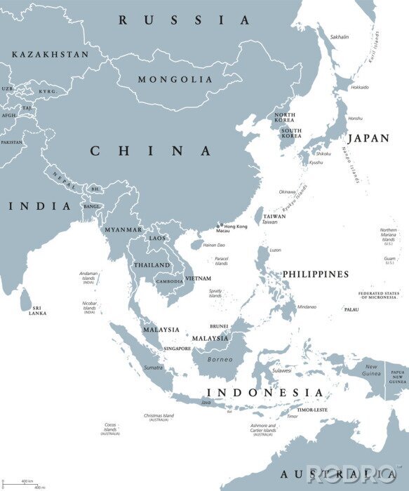 Poster Oost-Azië politieke kaart met landen en grenzen. Oost-subregio van het Aziatische continent met China, Japan, Mongolië en Indonesië. Engelse etikettering. Grijze afbeelding op een witte achtergrond. V