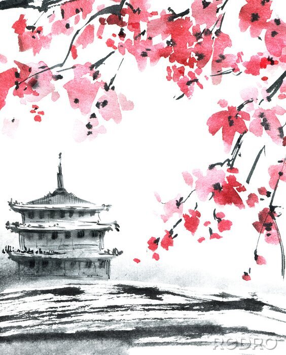 Poster Oosterse paleis omringd door bloeiende kersenbloesem