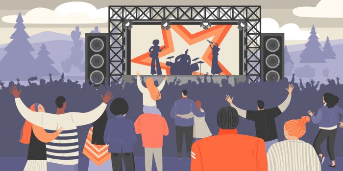 Poster Open air music festival. Rock musicians and crowd of fans