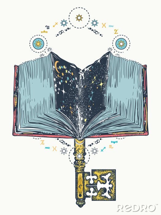 Poster Open book and vintage key color tattoo and t-shirt design. Symbol of lives and death, education, literatures, poetry and reading