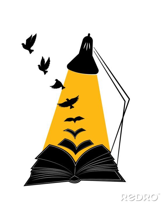 Poster Open book illustration with flying birds silhouettes, vector. Synonym Education gives you wings. Poster design isolated on white background, graphic design, wall decals, wall artwork