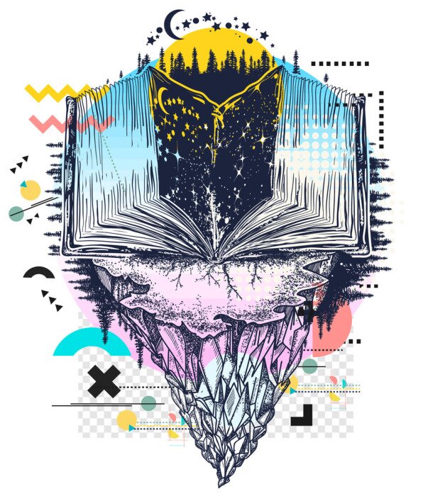 Poster Open book in universe. Symbol of wisdom, education, knowledge, literatures. Zine culture concept. Hand drawn vector glitch tattoo, contemporary  cyberpunk collage. Vaporwave art