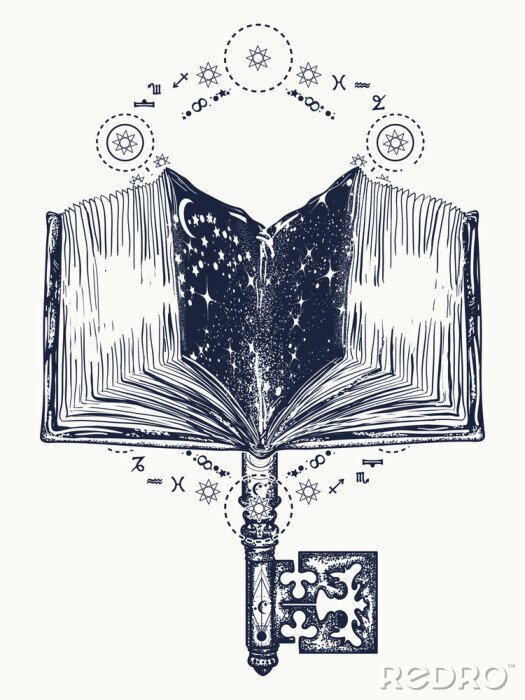 Poster Open een magisch boek en een vintage sleutelontwerp met tatoeages en t-shirts. Boeken en sleutel tot kennis. Symbool van wijsheid, leven en dood, onderwijs, literatuur, poëzie, lezen. Open boekkunst t