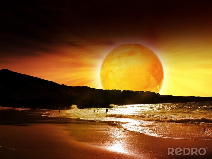 Poster Oranje planeet aan de kust