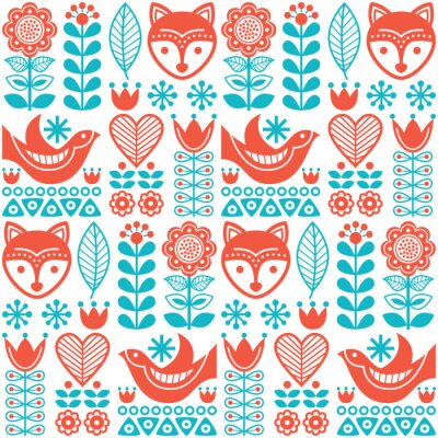 Oranje vogels en vossen met blauwe planten