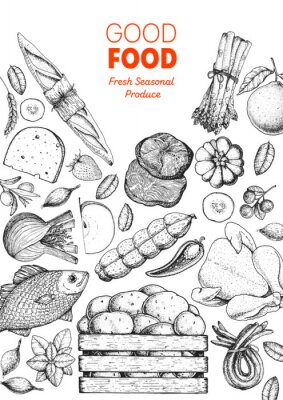 Poster Organic food illustration. Farmers market design elements. Hand drawn sketch. Various food frame. Good food store concept.