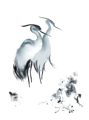 Poster Oriënteer Japanse waterverf met kraanvogels