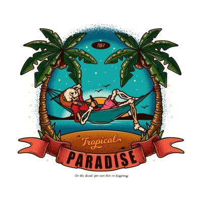Original vector illustration in vintage style. Skeleton lying in a hammock with a bottle of beer in his hands, against the palm trees, the sea.