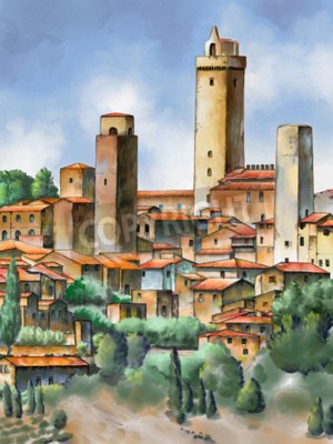 Originele aquarel schilderij van San Gimignano in Toscane, Italië.