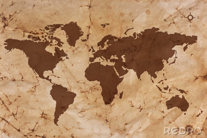 Poster Oude kaart van de wereld op de gekreukte en gekleurd perkamentpapier