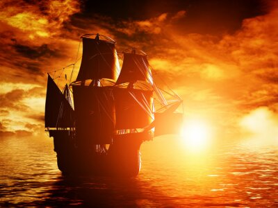 Oude piratenschip zeilen op de oceaan bij zonsondergang