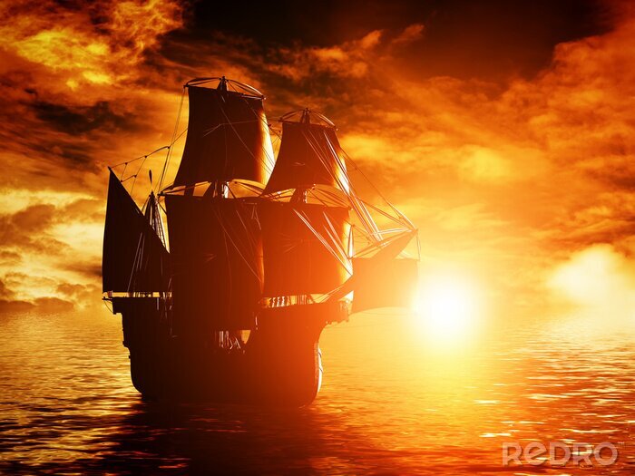 Poster Oude piratenschip zeilen op de oceaan bij zonsondergang